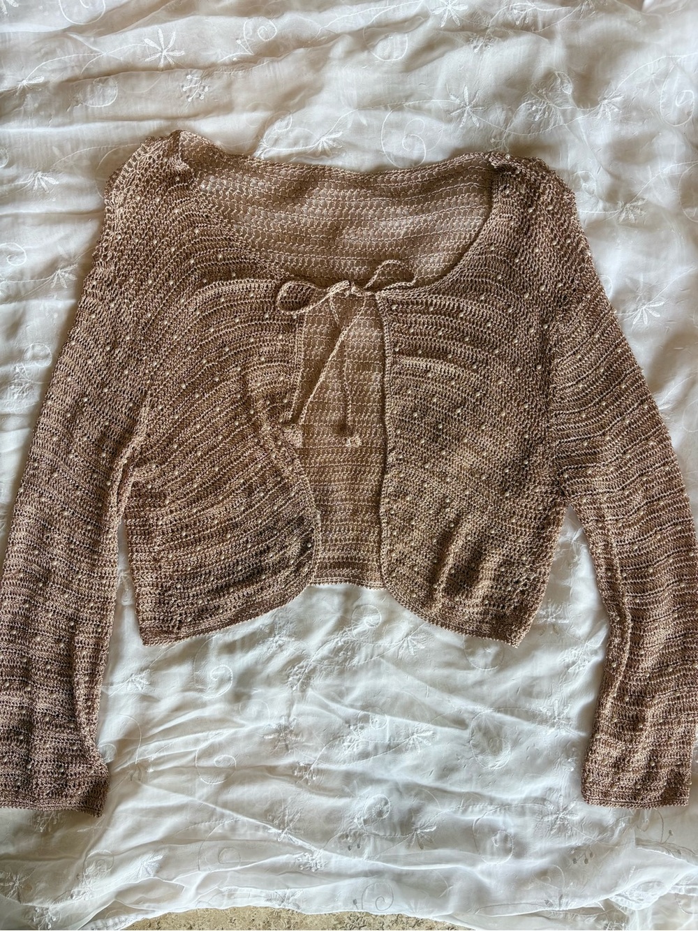 VINTAGE Beaded Pearl Babydoll Cropped Knit Tie-Front Sweater Cardigan - Beige